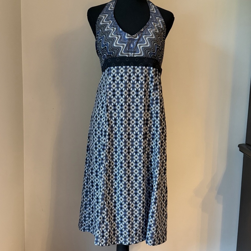 Athleta Halter Dress Women's Size 10 Blue Gray Geometric Print Sleeveless A-Line